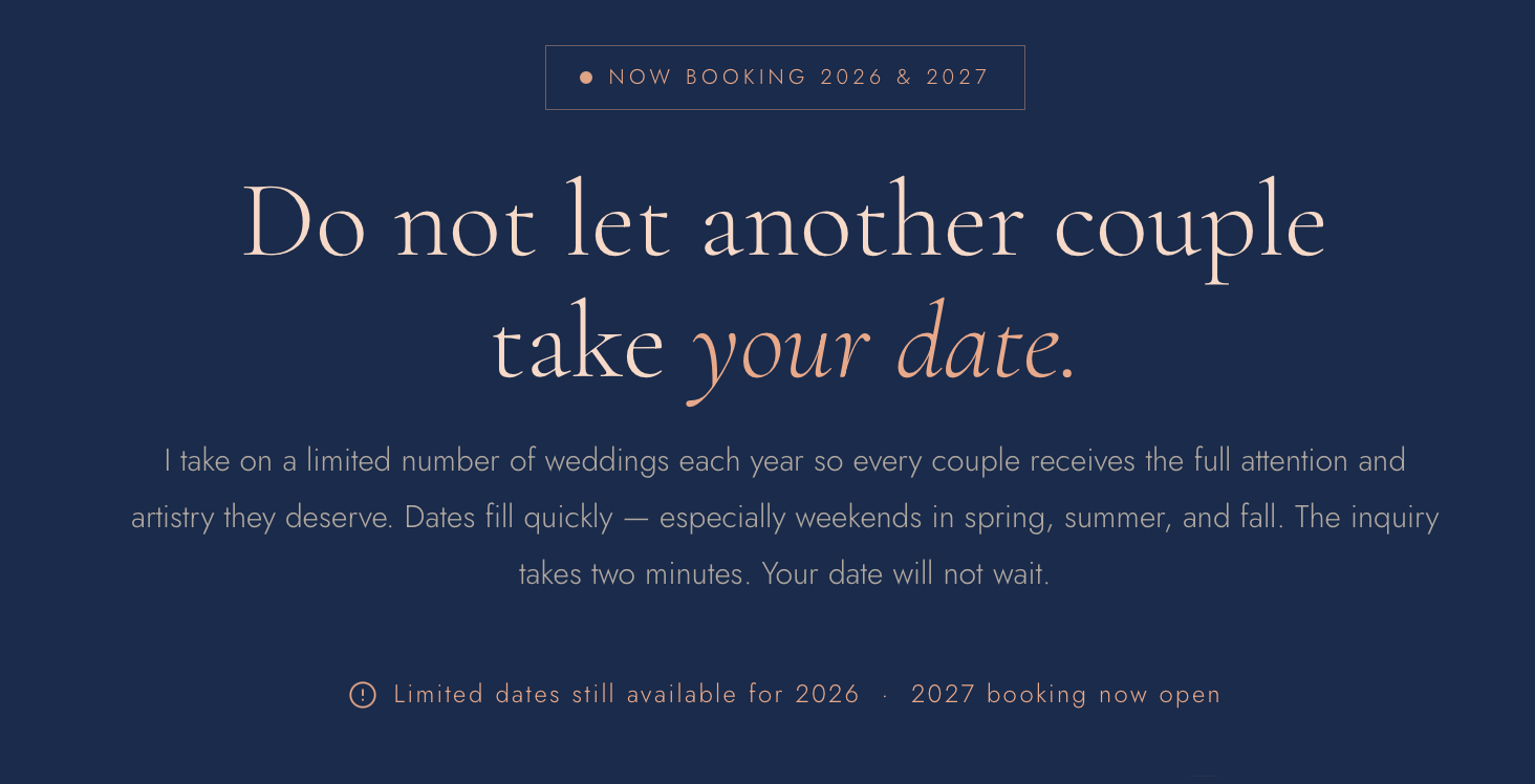 Dark navy wedding booking ad urging couples to reserve their date with elegant gold and white typography.