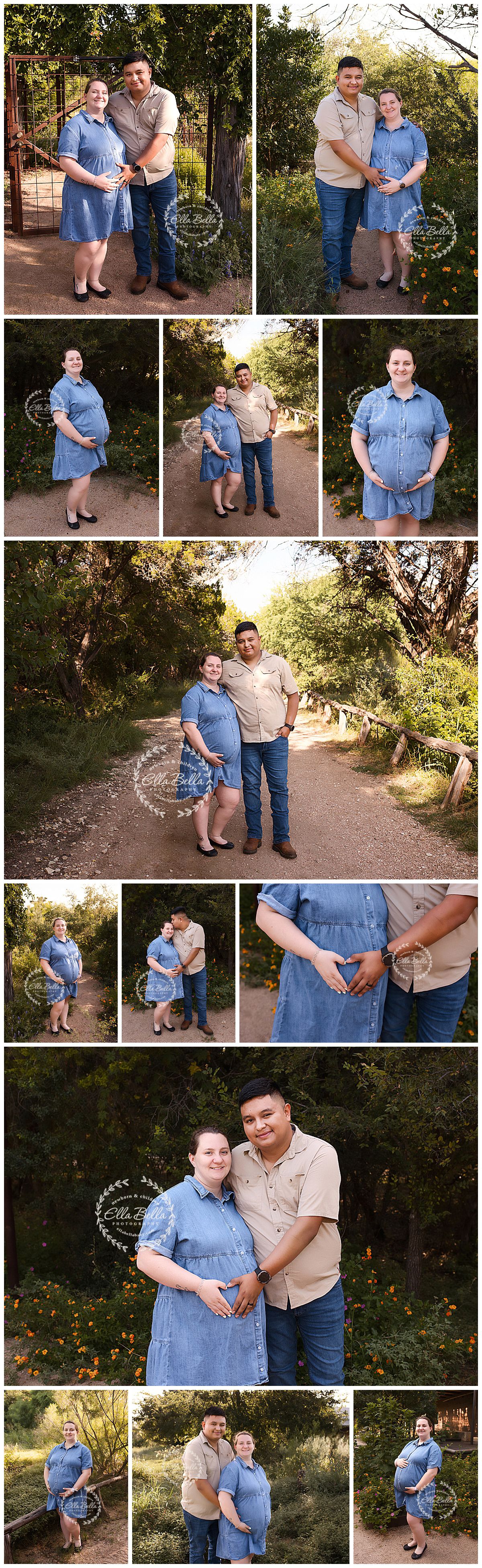Couple maternity photos in a garden setting, woman in blue dress showing baby bump, man in khaki shirt and jeans.