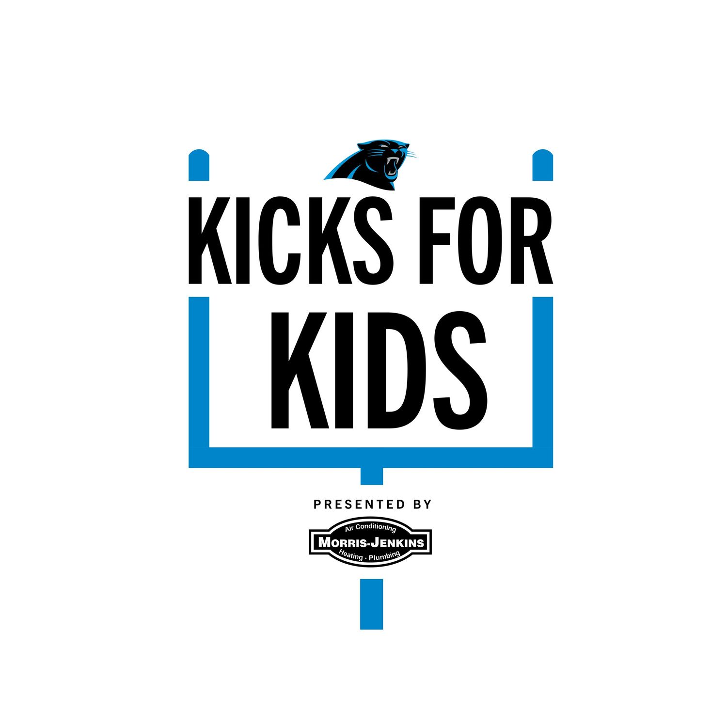 Carolina Panthers Kicks for Kids logo presented by Morris-Jenkins on white background with blue football goal post.