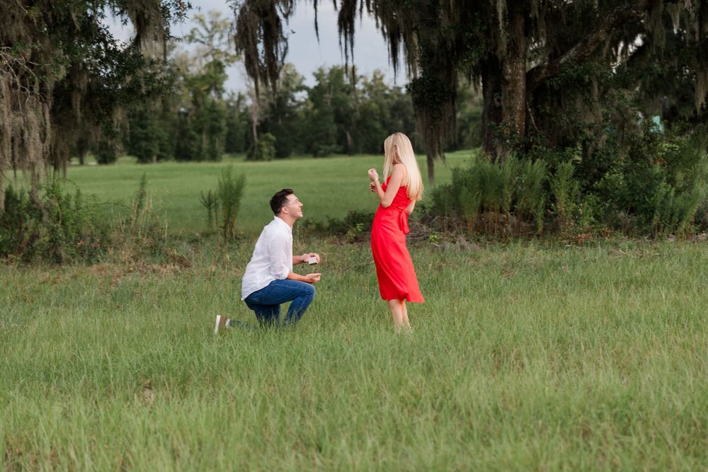 Man kneeling to propose to woman in red dress in lush green field surrounded by trees.