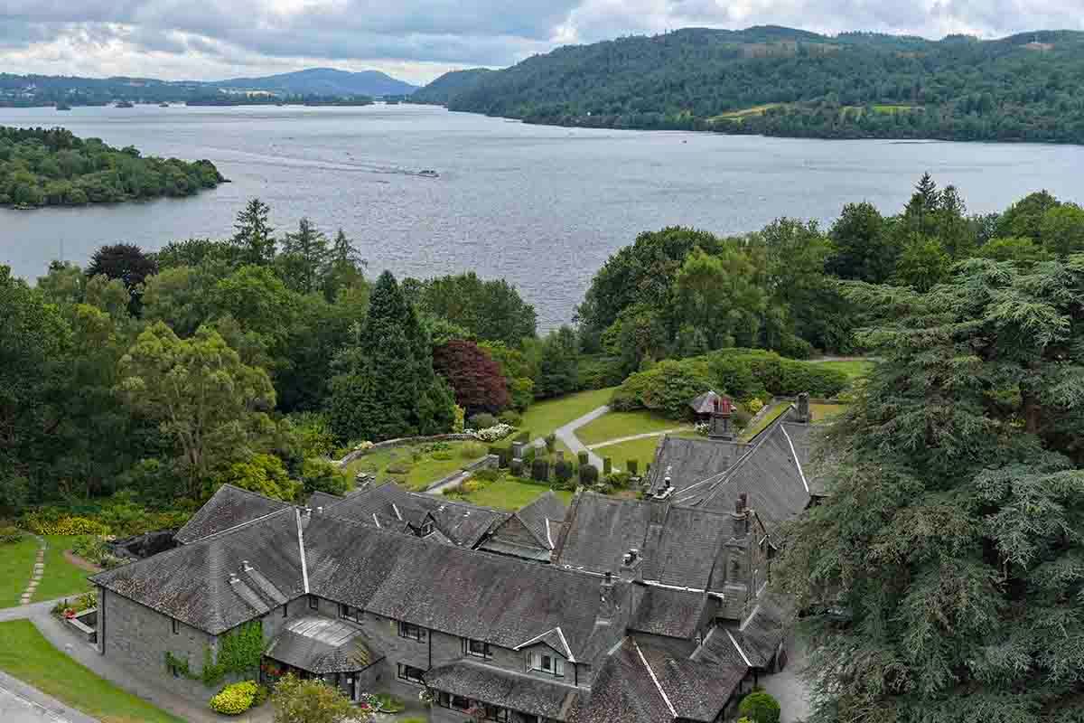 Aerial view of cragwood country house over looking lake windermere in the Lake District- unique wedding venue