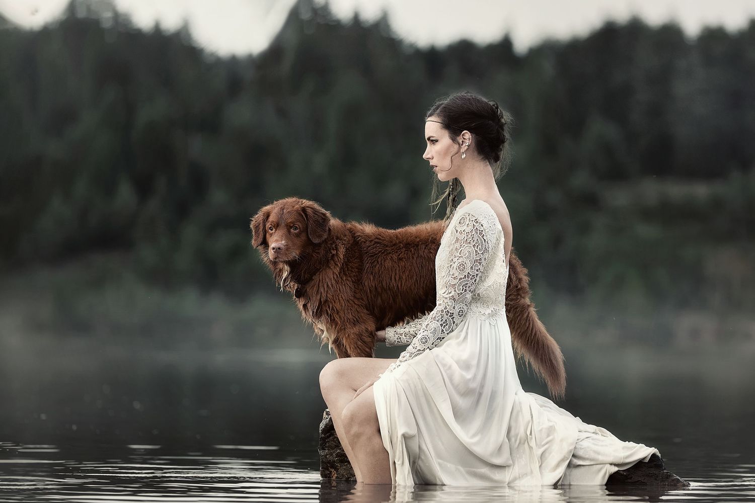 A woman in a white lace dress kneels in a lake with a brown dog, surrounded by misty forest.