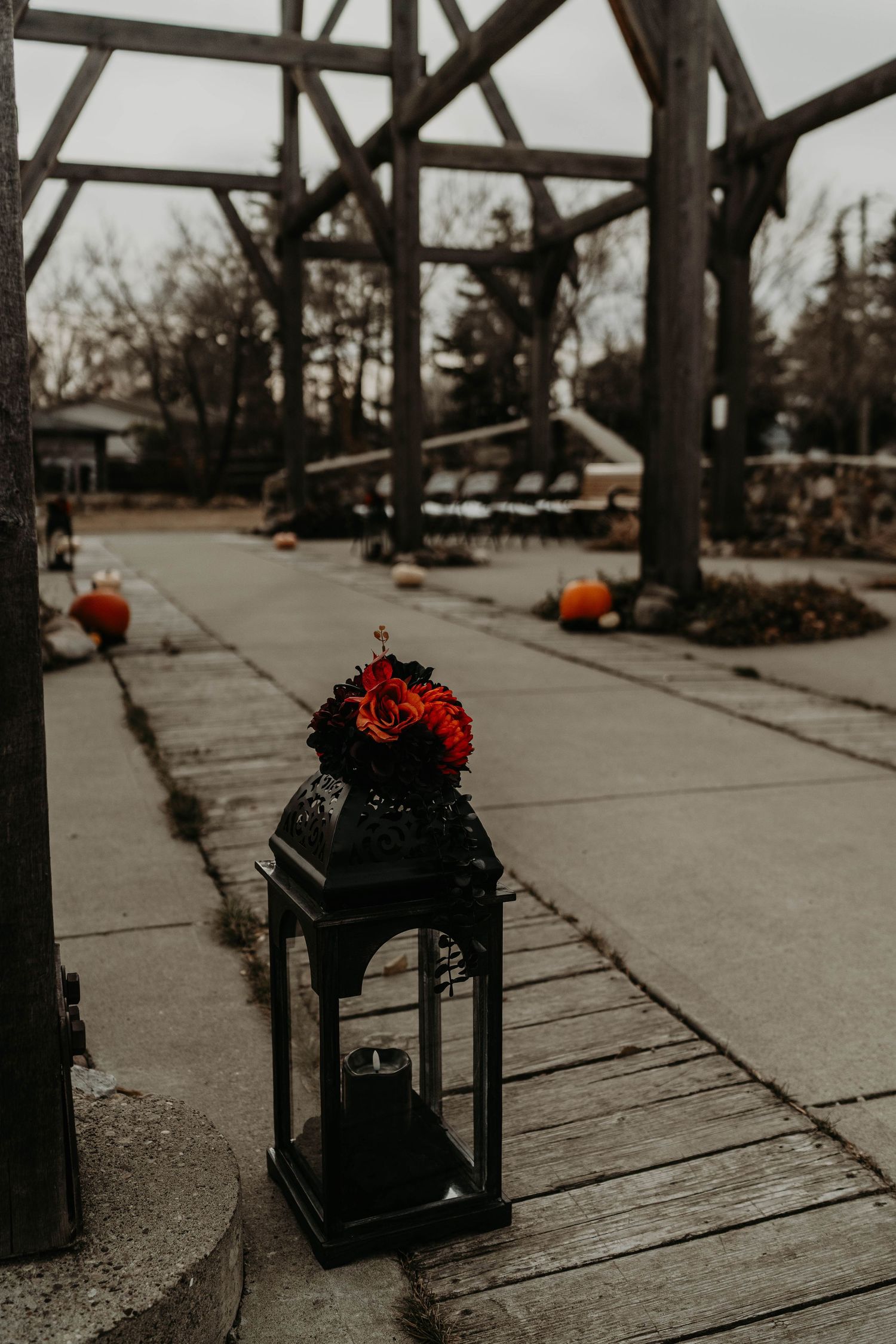 Black lantern with red floral arrangement on stone path at outdoor autumn wedding ceremony with pumpkins and wooden pergola.