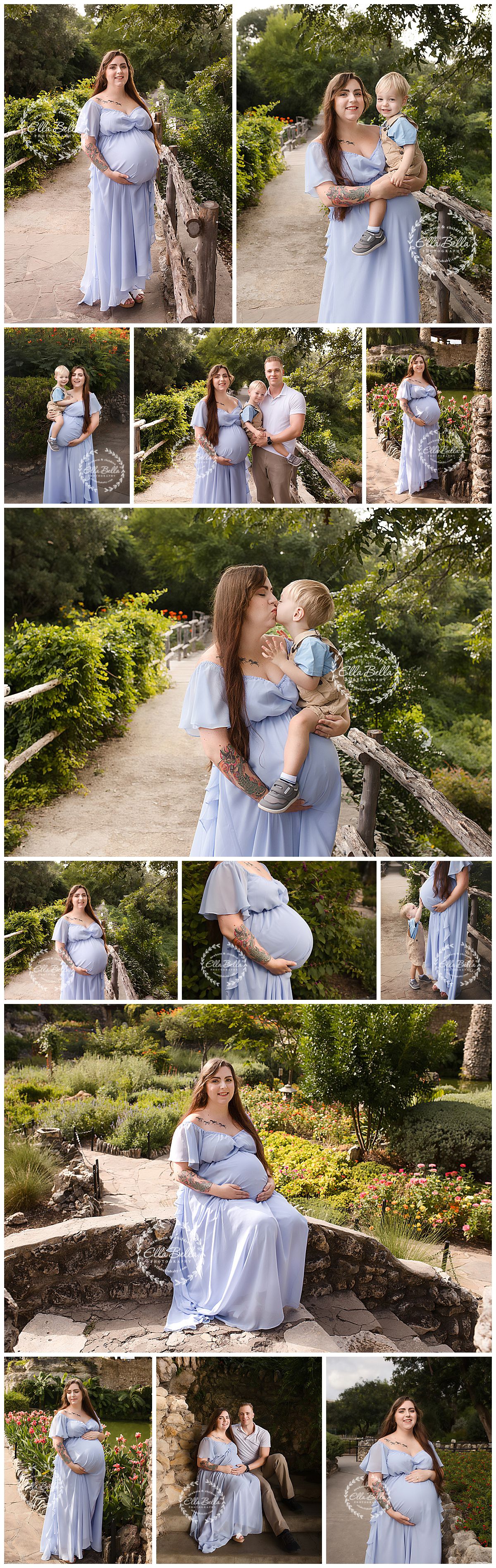 Pregnant woman in blue dress poses with toddler son and partner in lush garden for maternity photos.