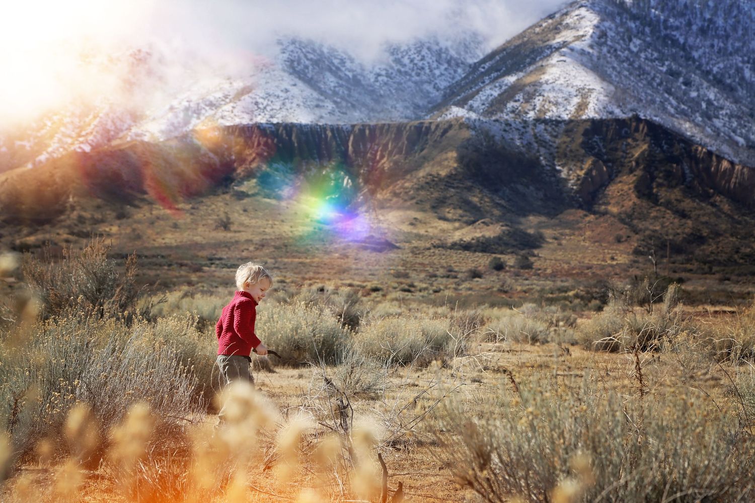 A small child in a red jacket walks through dry grass toward snow-capped mountains with a rainbow-colored sun flare.