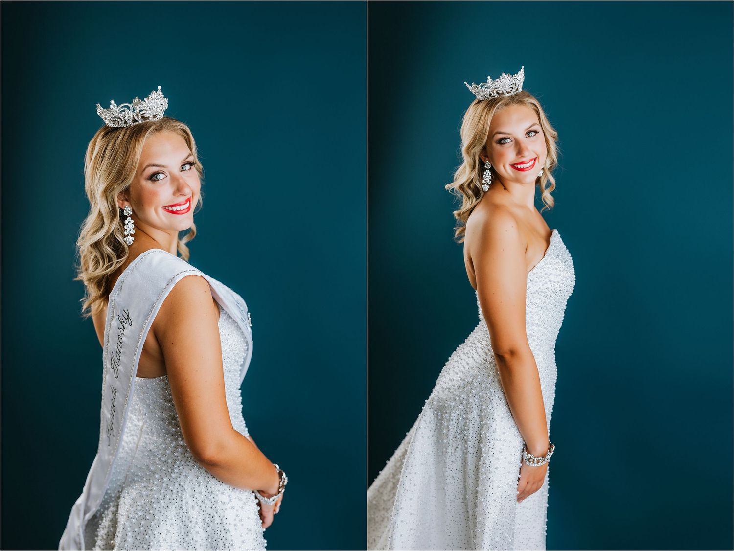 Blonde woman wearing a sparkling white gown and crystal crown poses for elegant pageant portrait photos on teal background.