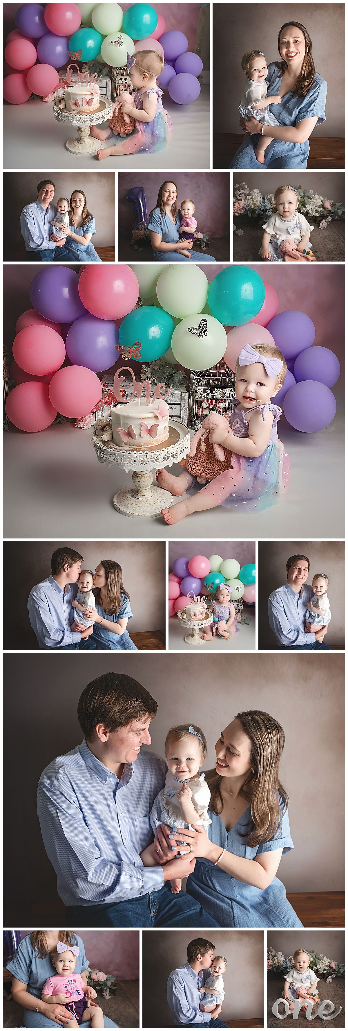 Family cake smash photoshoot with colorful balloons, birthday cake, and baby girl in purple tutu celebrating first birthday.