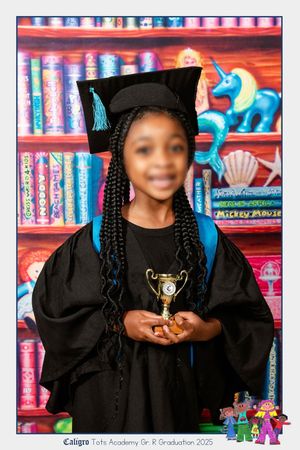 An image of school girl smiling at the camera for their Grade R graduation portrait.