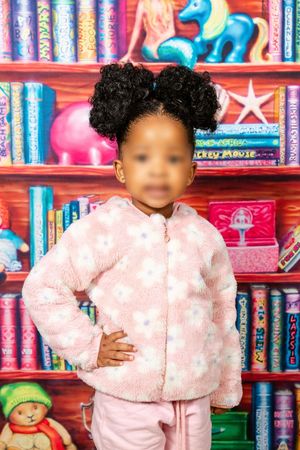 A picture of a preschool learner sitting for their preschool portrait.