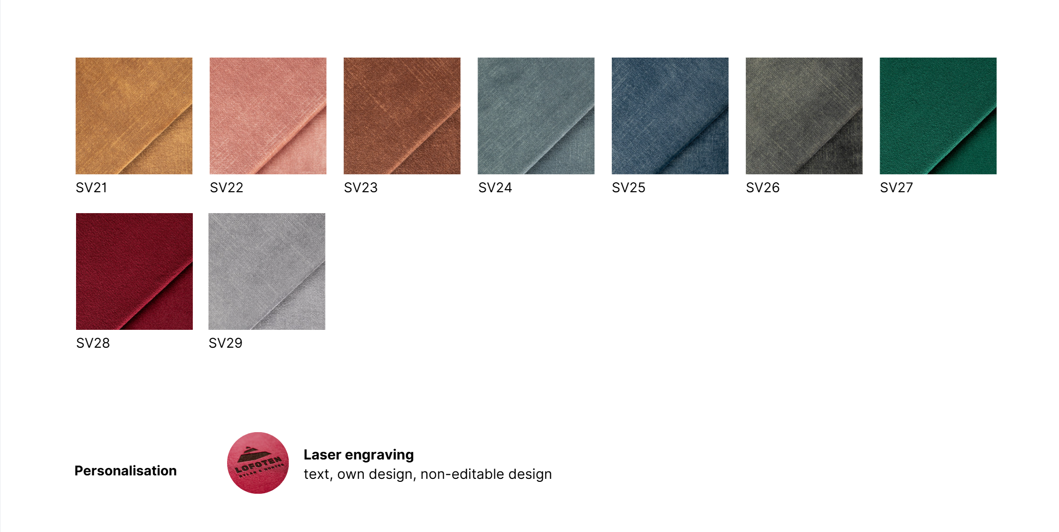 Fabric swatch color chart showing 9 textured material samples in various shades with laser engraving personalization option.