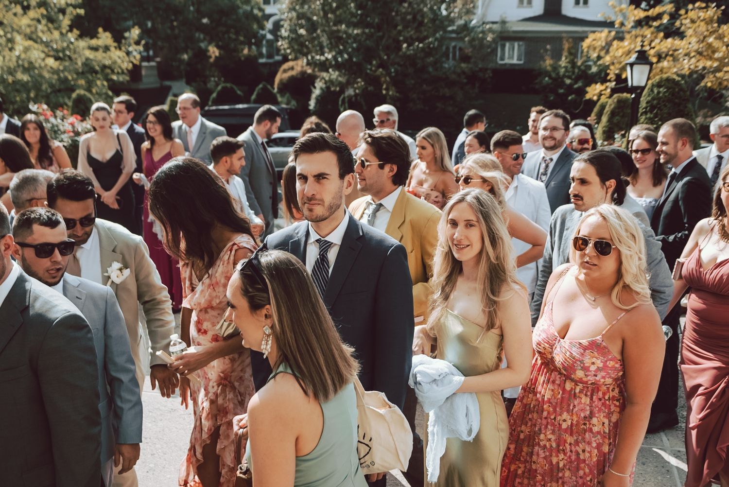 Large group of elegantly dressed wedding guests mingling outdoors on sunny day.