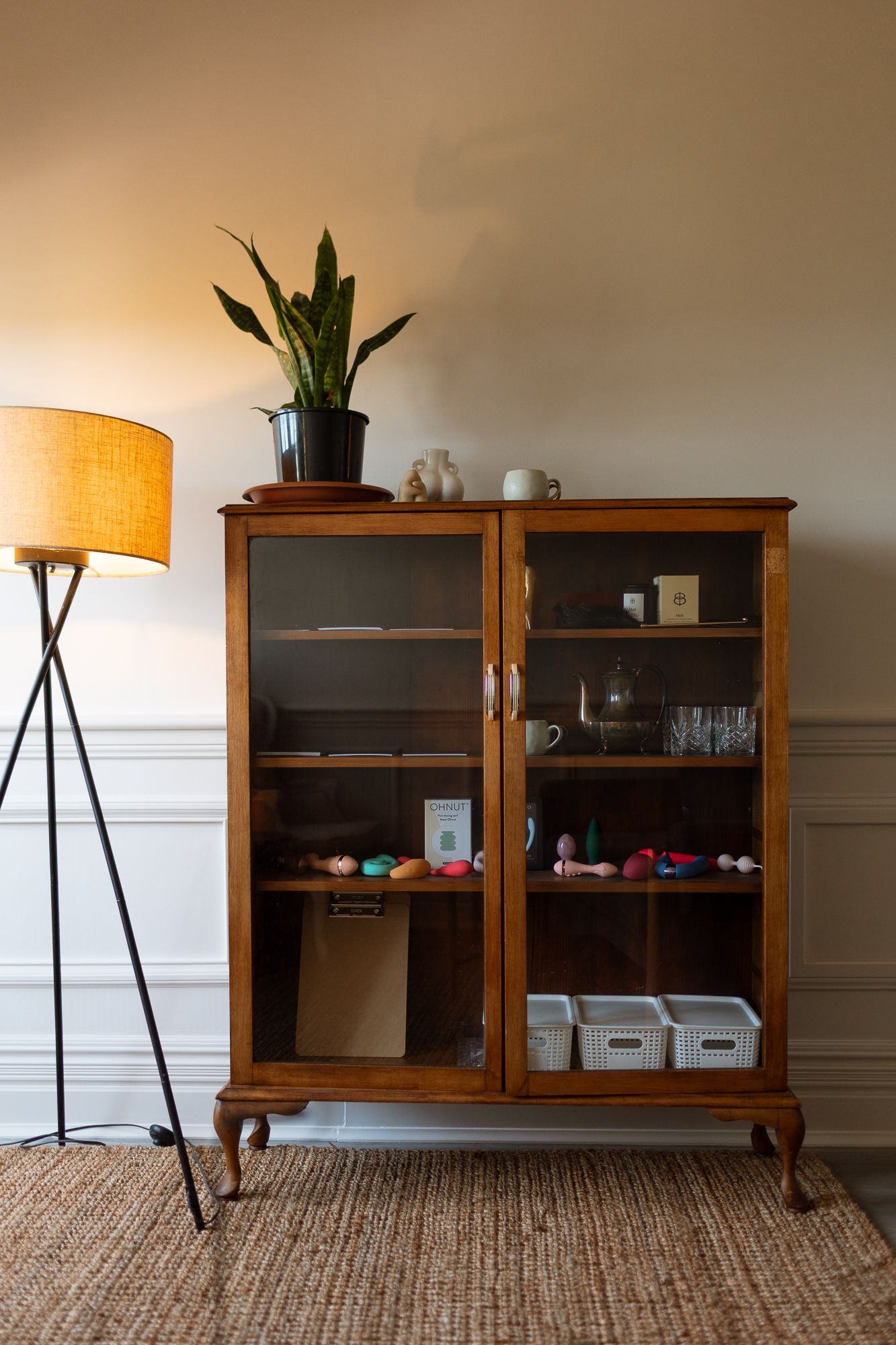 Vintage wooden display cabinet with glass doors, filled with colorful items, beside a tripod floor lamp and snake plant.