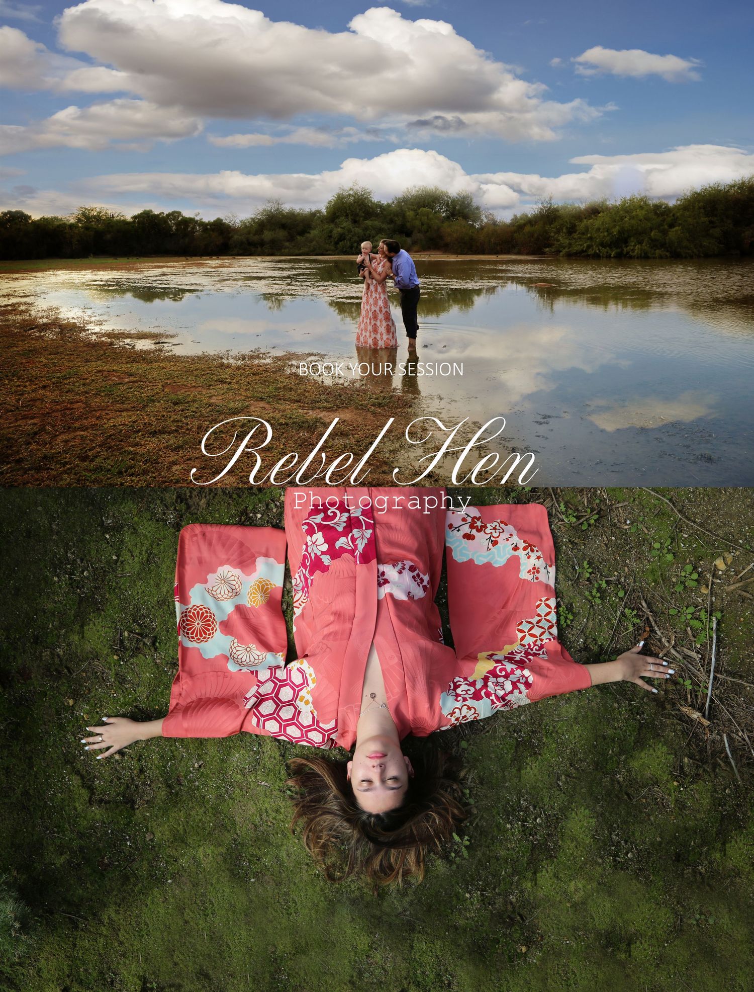 Rebel Hen Photography collage of a couple by a reflective lake and a woman in a floral kimono lying on green grass.