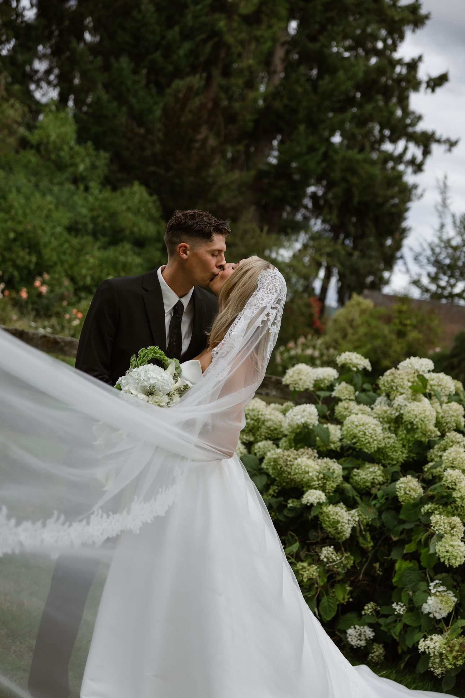 Bride and groom share a kiss surrounded by white hydrangeas, with the bridal veil flowing gracefully in a lush garden.
