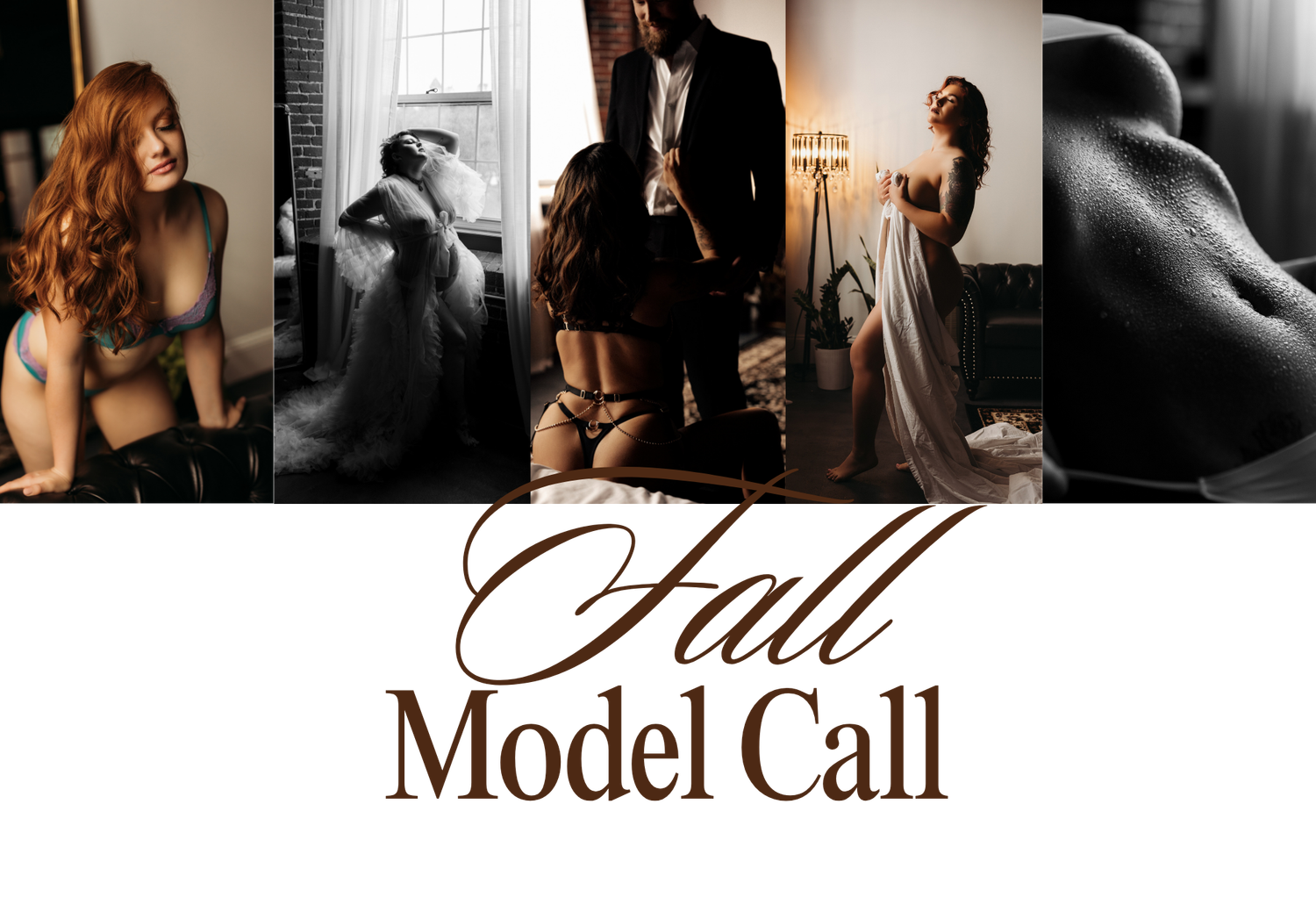 Fall model call promotional collage featuring boudoir photography sessions with elegant poses and flowing fabrics.