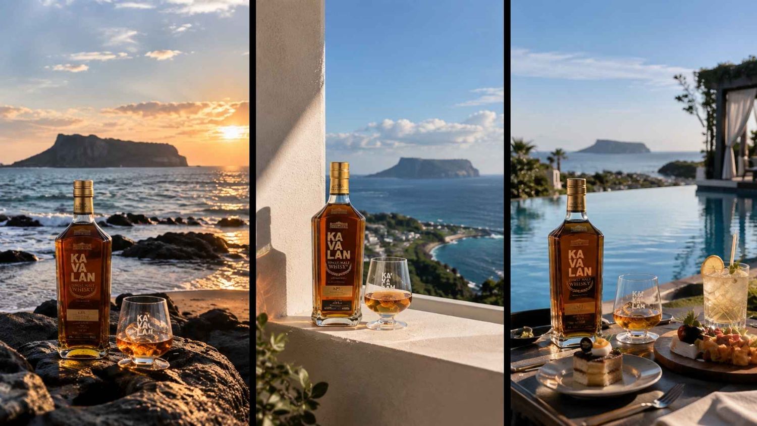 Three stunning shots of Ra Lan whisky bottles posed against Cape Town's Table Mountain coastline at golden hour.