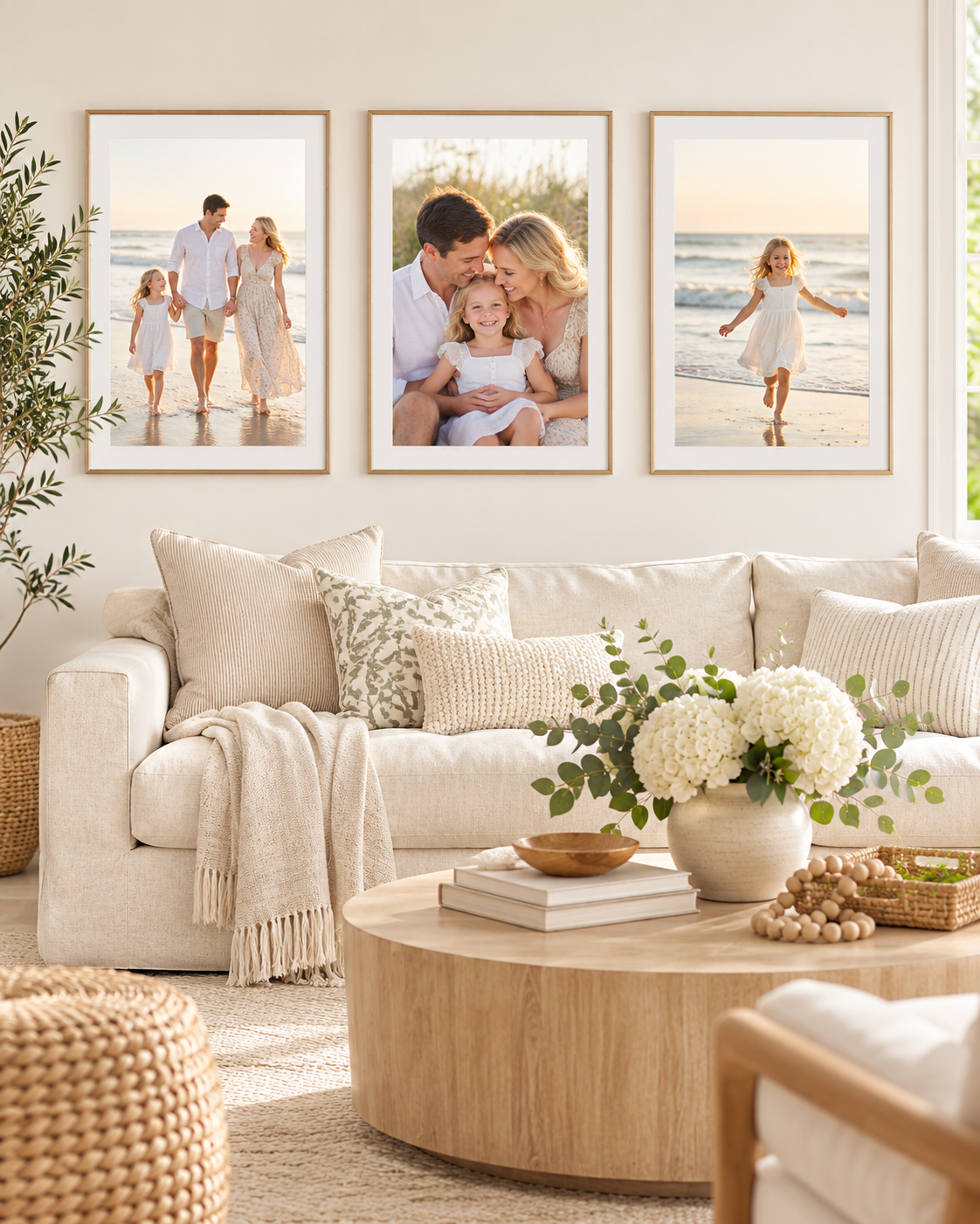 White matted wedding photo prints and open white box on a wood table, showing a bride in a blue gown and a couple embracing outdoors.