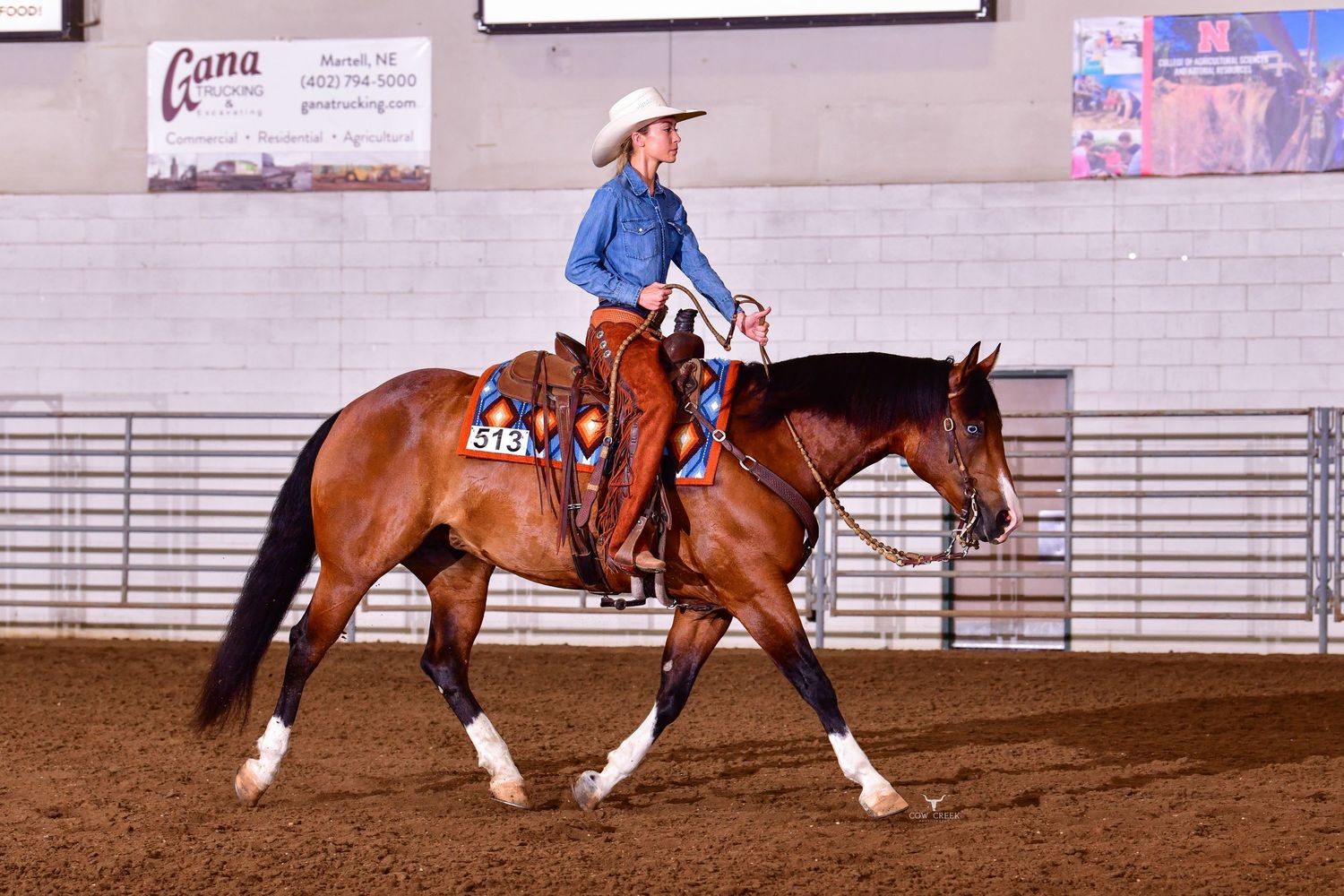A female rider in a blue shirt and cowboy hat competes on a chestnut horse in an indoor Western equestrian show.