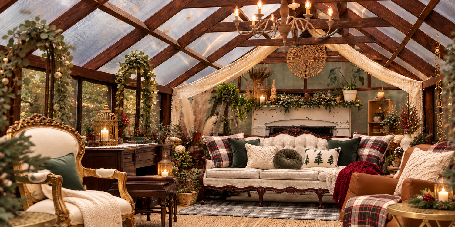 A festive sunroom decorated with Christmas trees, a red bench, wreath, and vintage toy car surrounded by large windows.