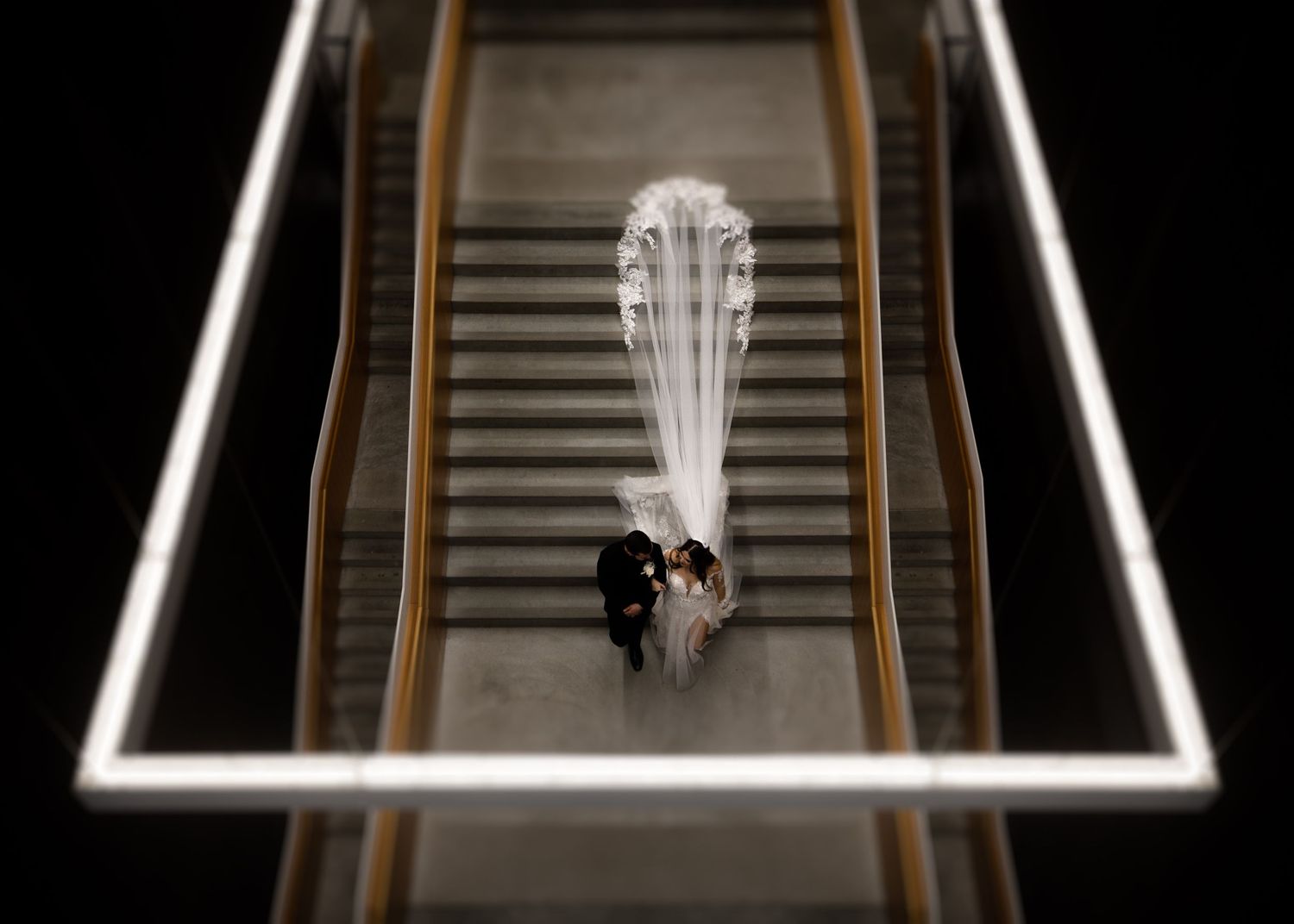 Overhead view of a bride and groom on a staircase, her long lace veil spilling down the steps, by a Calgary wedding photographer