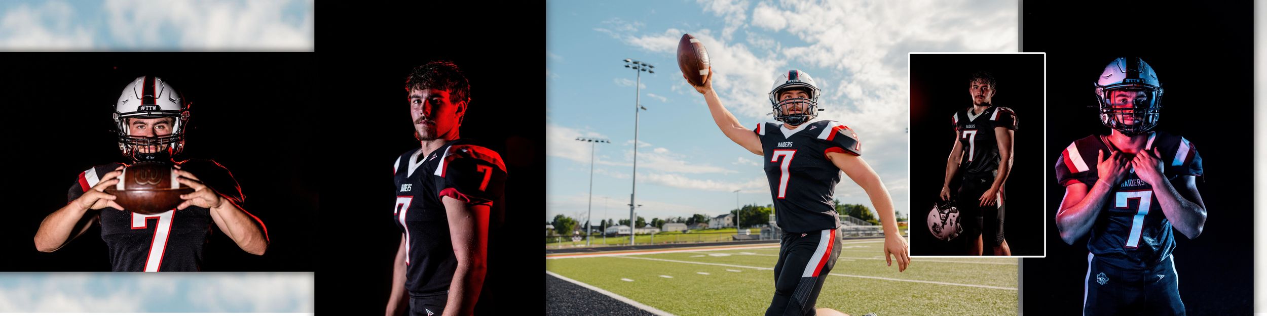 A football player in a dark uniform poses for a dramatic sports portrait collage showcasing multiple action and studio shots.