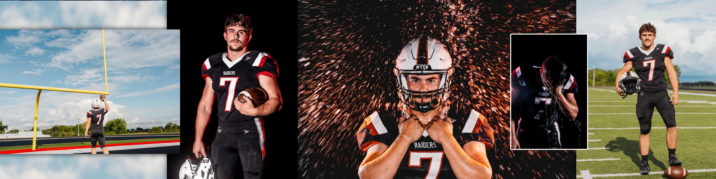 High school football player #7 poses in uniform with dramatic spark effects in a composite sports photography collage.