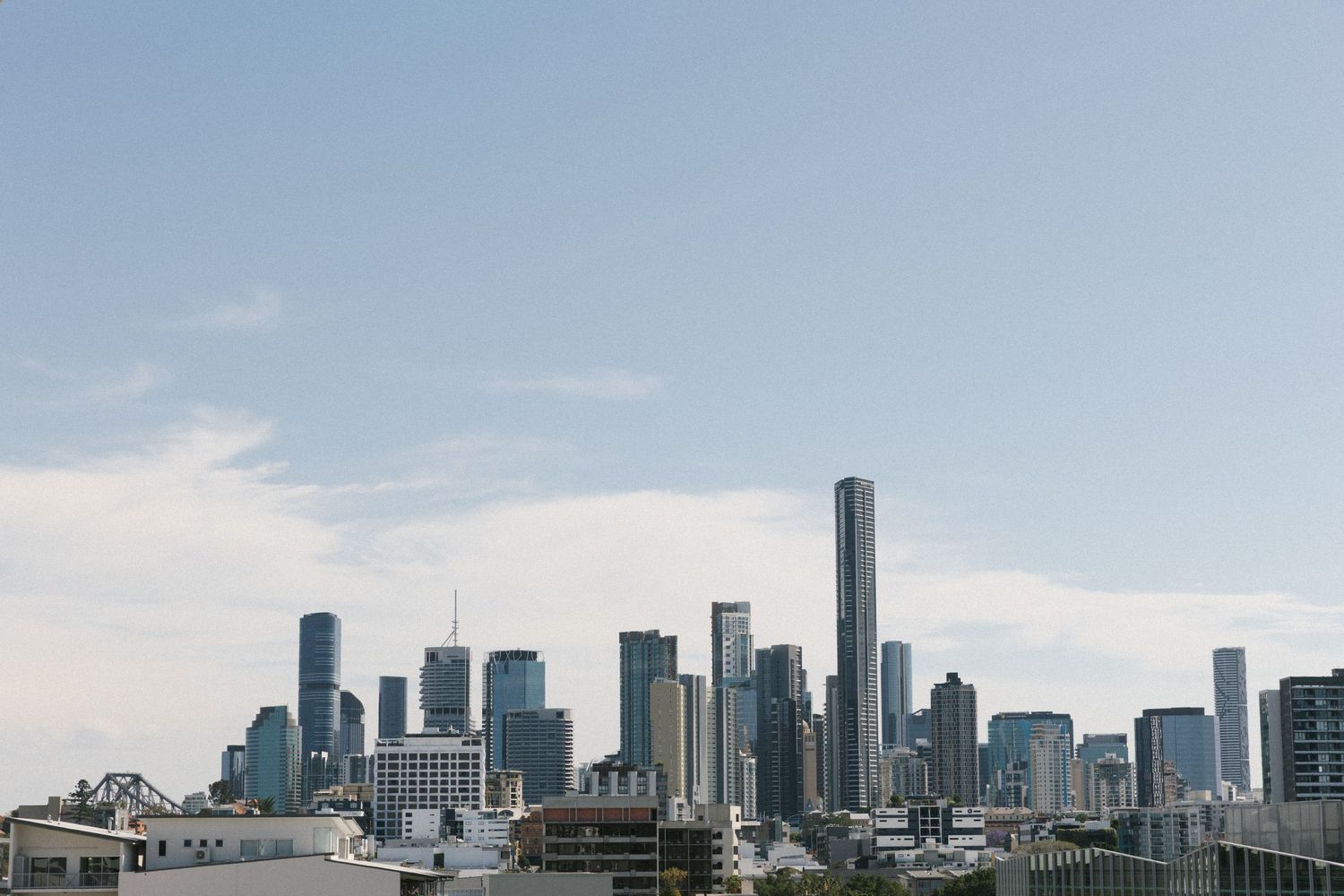 Panoramic city skyline view with modern skyscrapers against a clear blue sky on a sunny day.