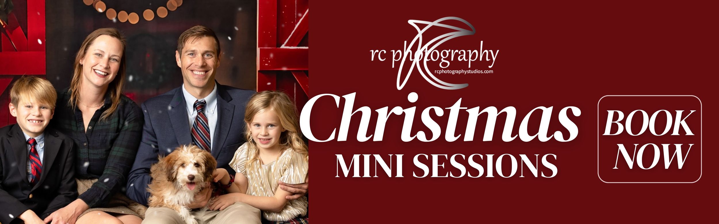 RC Photography Christmas Mini Sessions promotional banner featuring a festive family with children and a golden dog.