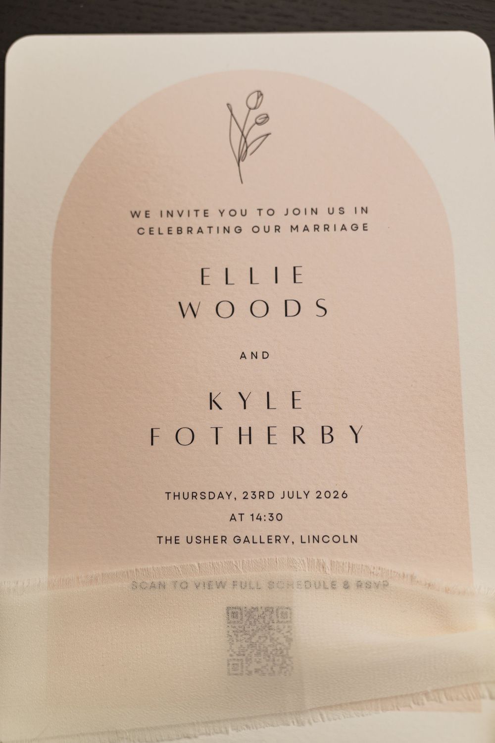 Elegant wedding invitation for Ellie Woods and Kyle Fotherby on July 23rd 2026 at The Usher Gallery Lincoln.