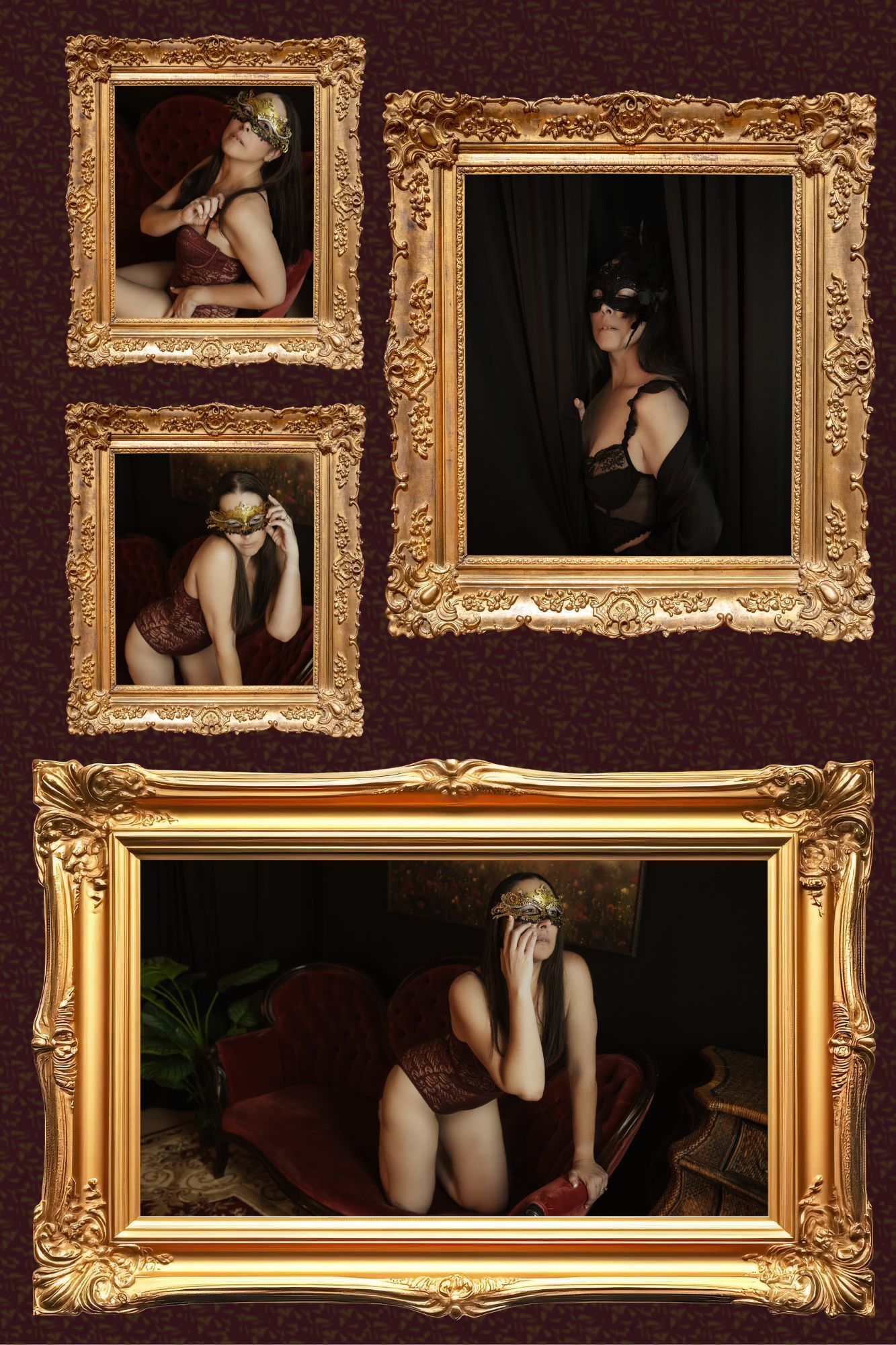 Collage of four boudoir portraits in ornate gold frames showing a woman in lingerie and a masquerade mask on a burgundy damask background.