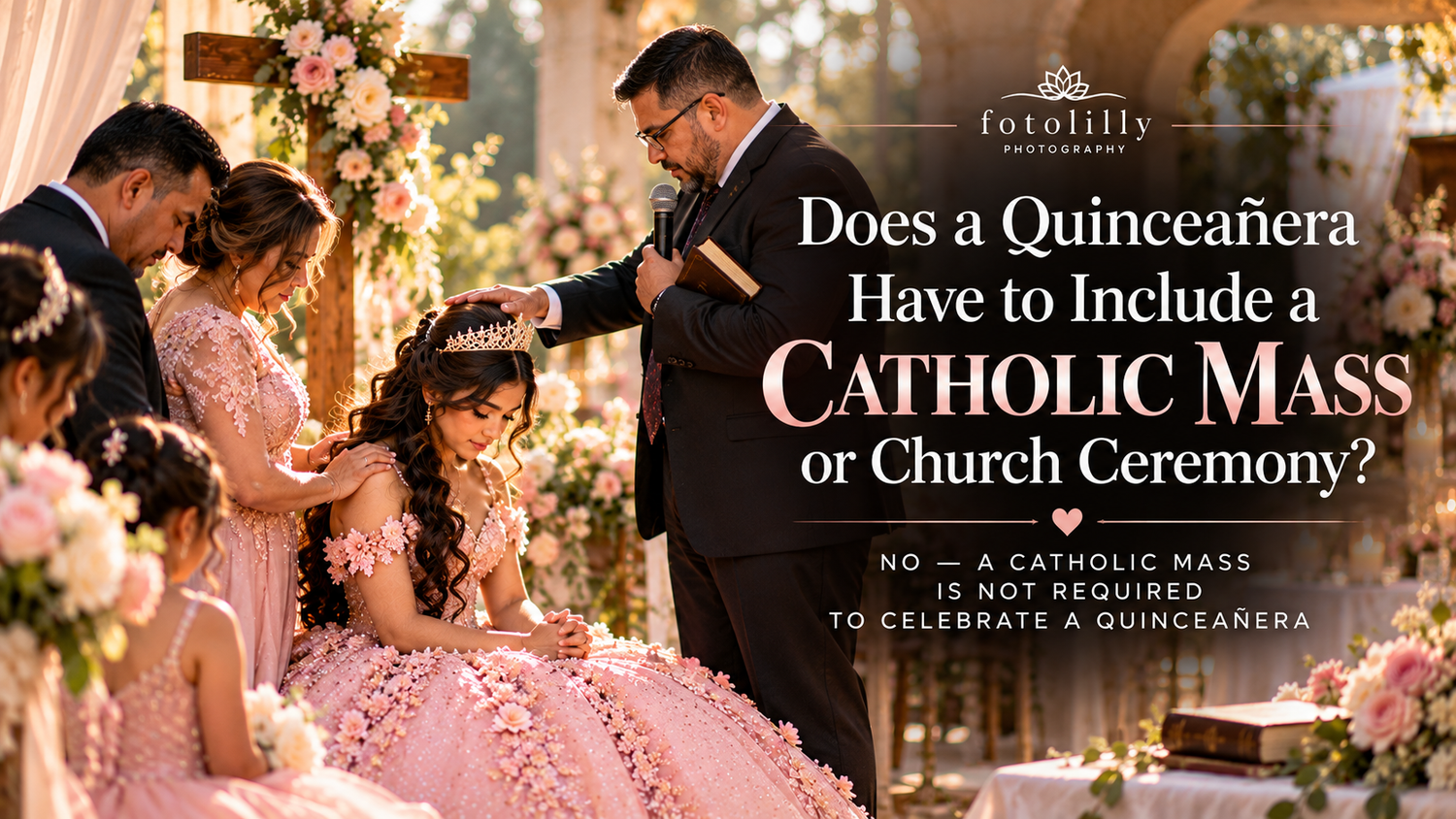 Pastor blessing a Christian Quinceañera in Dallas Fort Worth during meaningful family ceremony photographed by Fotolilly Photography DFW
