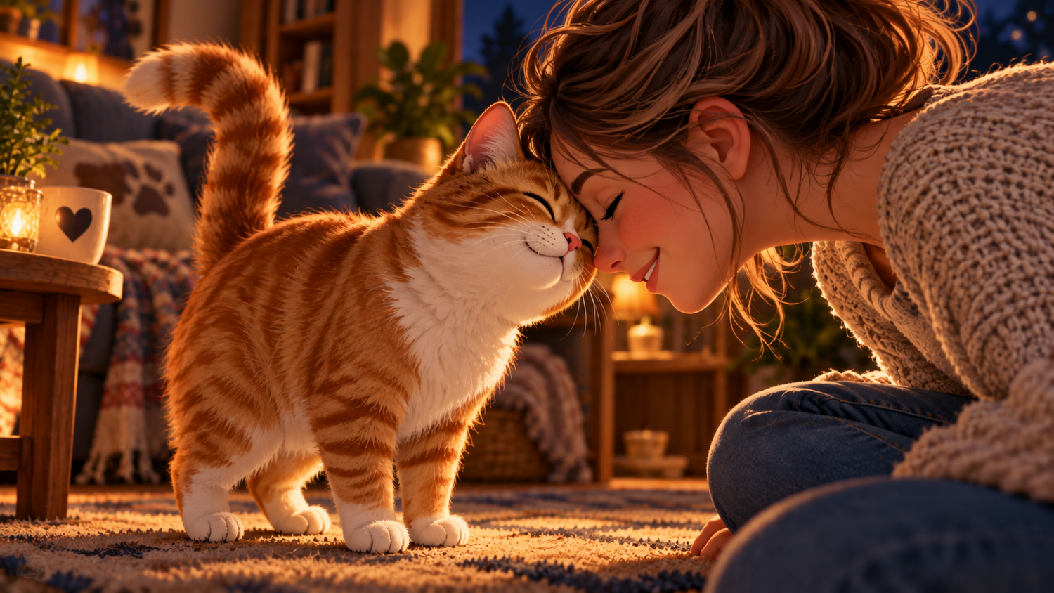 Whiskers & Co song And We Bop – affectionate ginger cat touching noses with a woman in a cosy room