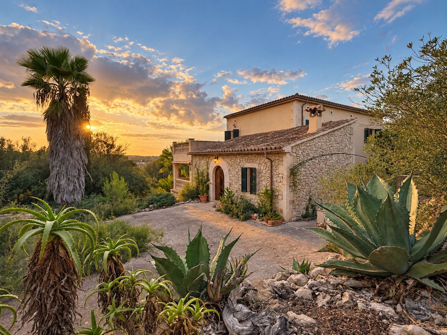 Rustic stone Mediterranean villa with terracotta roof, palm trees and agave plants in a landscaped garden at golden sunset.