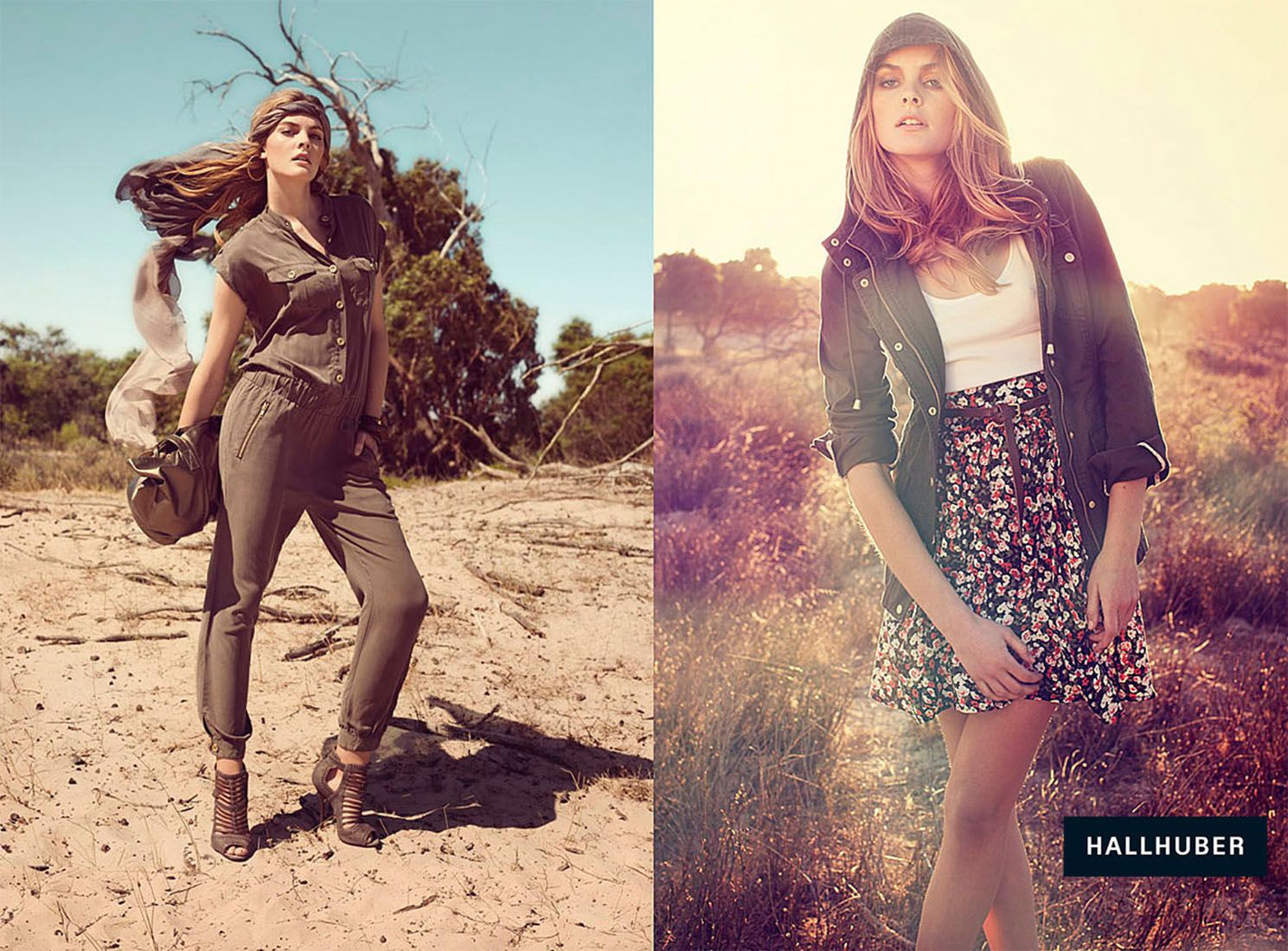 Female models wear HALLHUBER casual outfits including floral skirt and jumpsuit in desert landscape.
