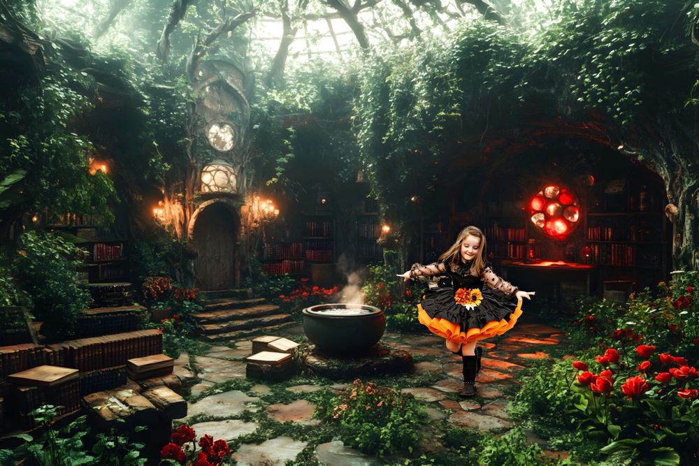 little girl in a witch dress in an enclosed garden with a cauldron