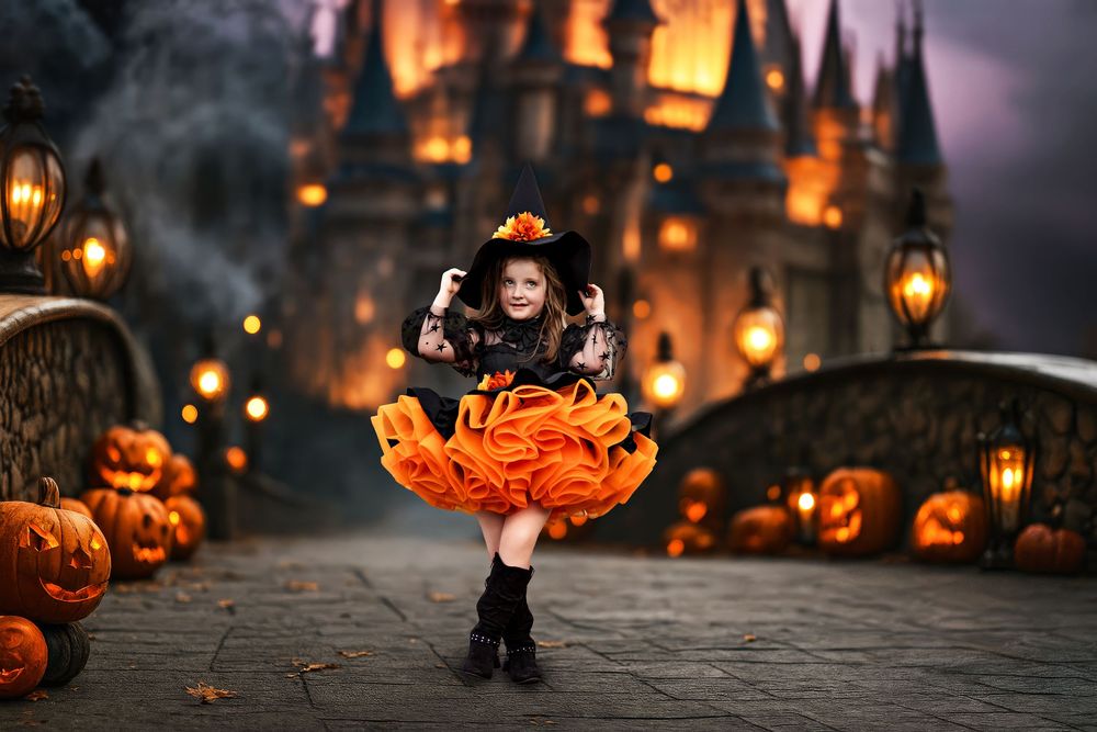 Witch standing in front of a castle on a bridge