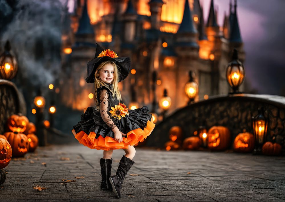 Witch standing in front of a castle on a bridge