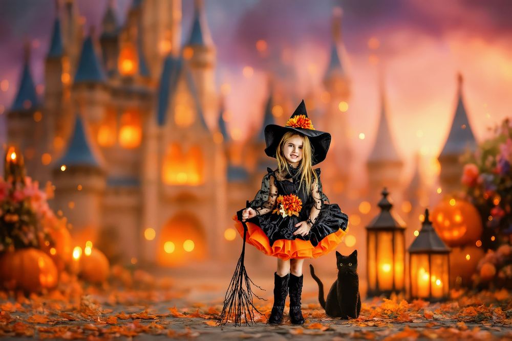 Witch standing in front of a castle on a bridge