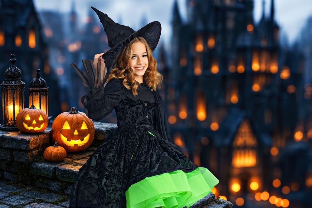Witch standing in front of a castle on a bridge