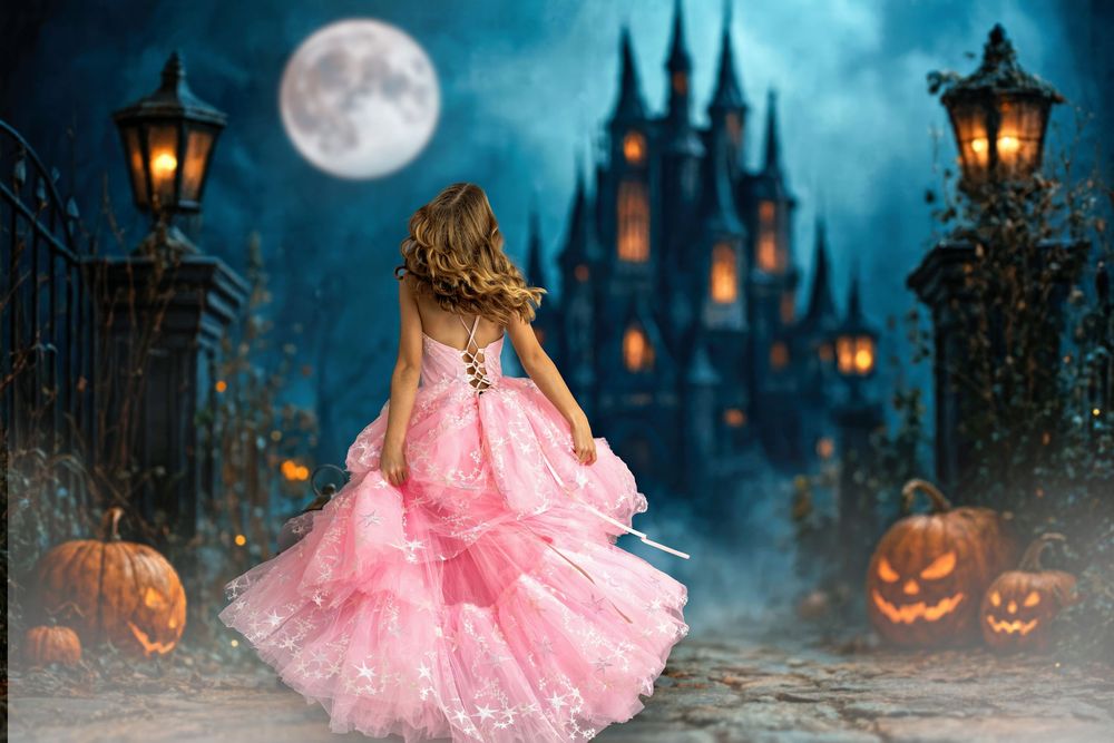 A beautiful girl spinning in a pink princess dress in front of a castle