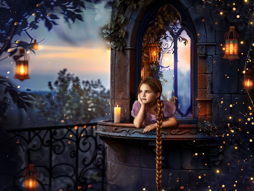 a girl dressed as Rapunzel on a balcony looking at the floating lanterns