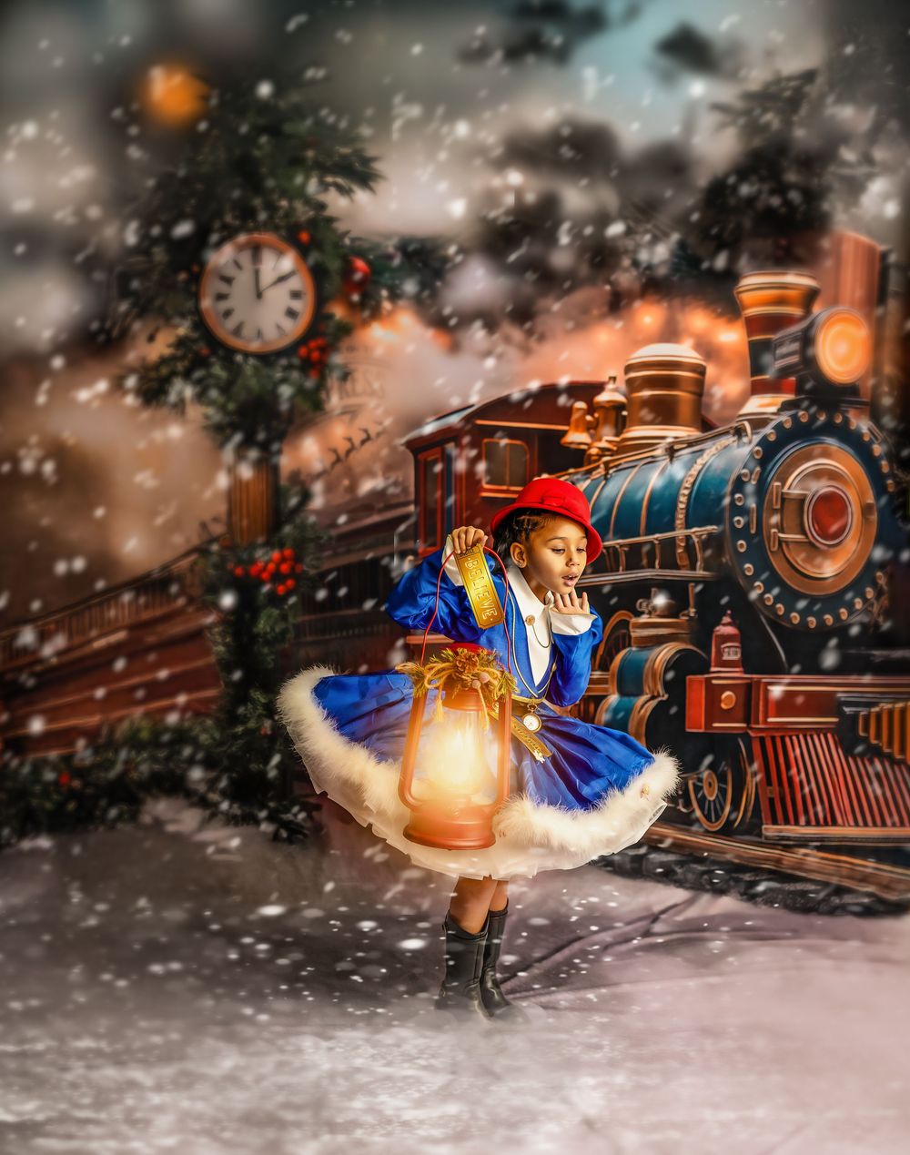 Little girl dressed like the polar express standing in front of a train with a lantern looking for the train to come