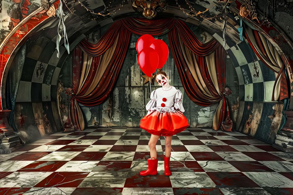 Halloween image at a scary circus with a girl dressed like Pennywise the clown