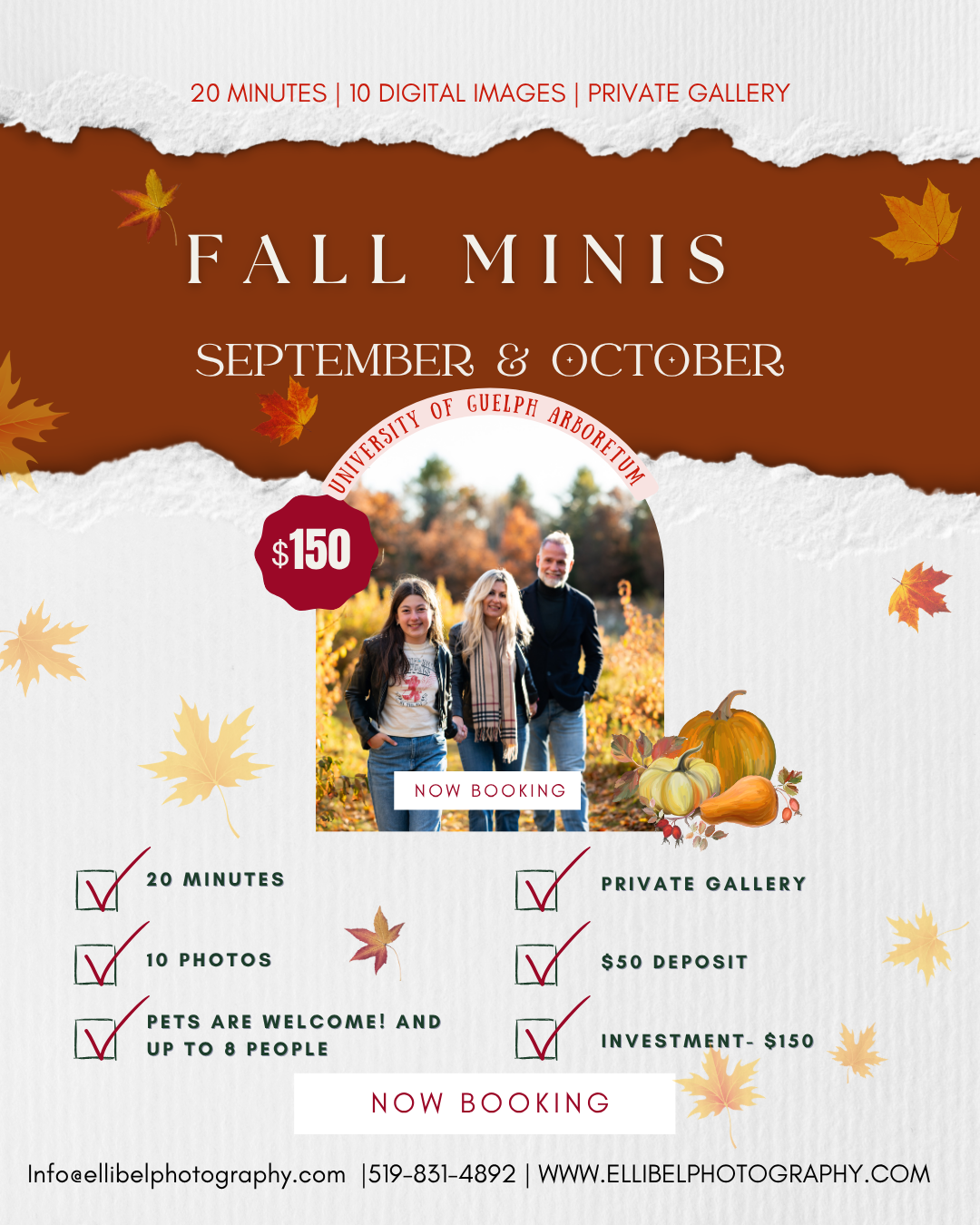 Fall outdoor mini photo sessions flyer for Elli Bel Photography, October 2023, priced at $120.