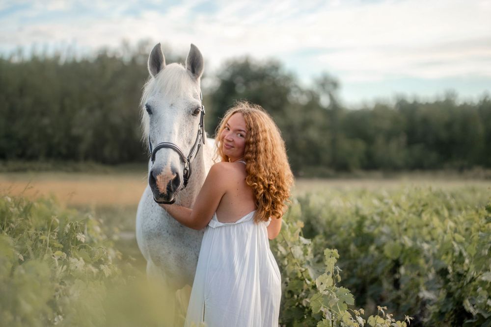 Cheval et cavalière lors d'une séance photo en extérieur