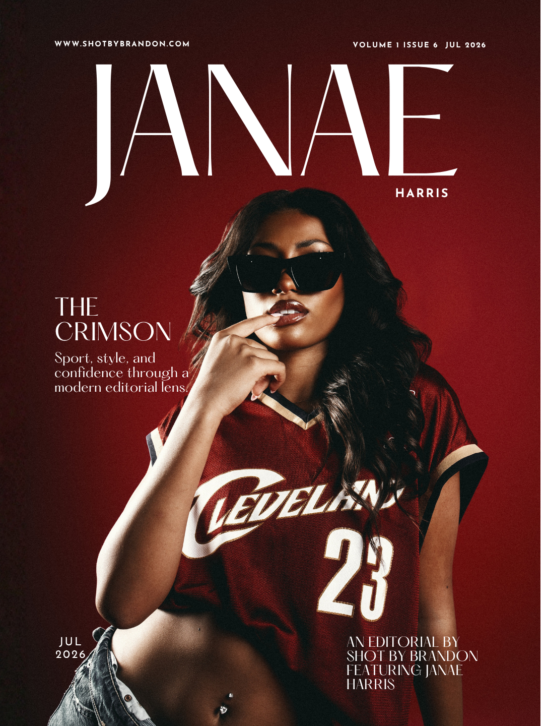 Janae Harris poses confidently in a Cleveland jersey #23 on the cover of JANAE magazine, The Crimson editorial issue.