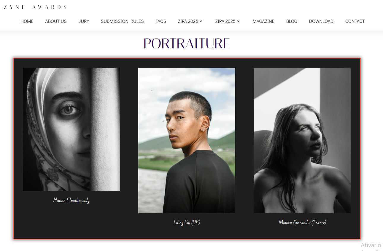 Black and white portrait photography showcase featuring three artistic photos of diverse models in dramatic lighting.