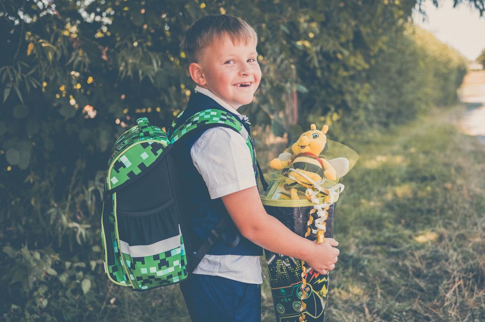 Smiling boy with Minecraft backpack holding a bee plush toy outdoors on a sunny day.