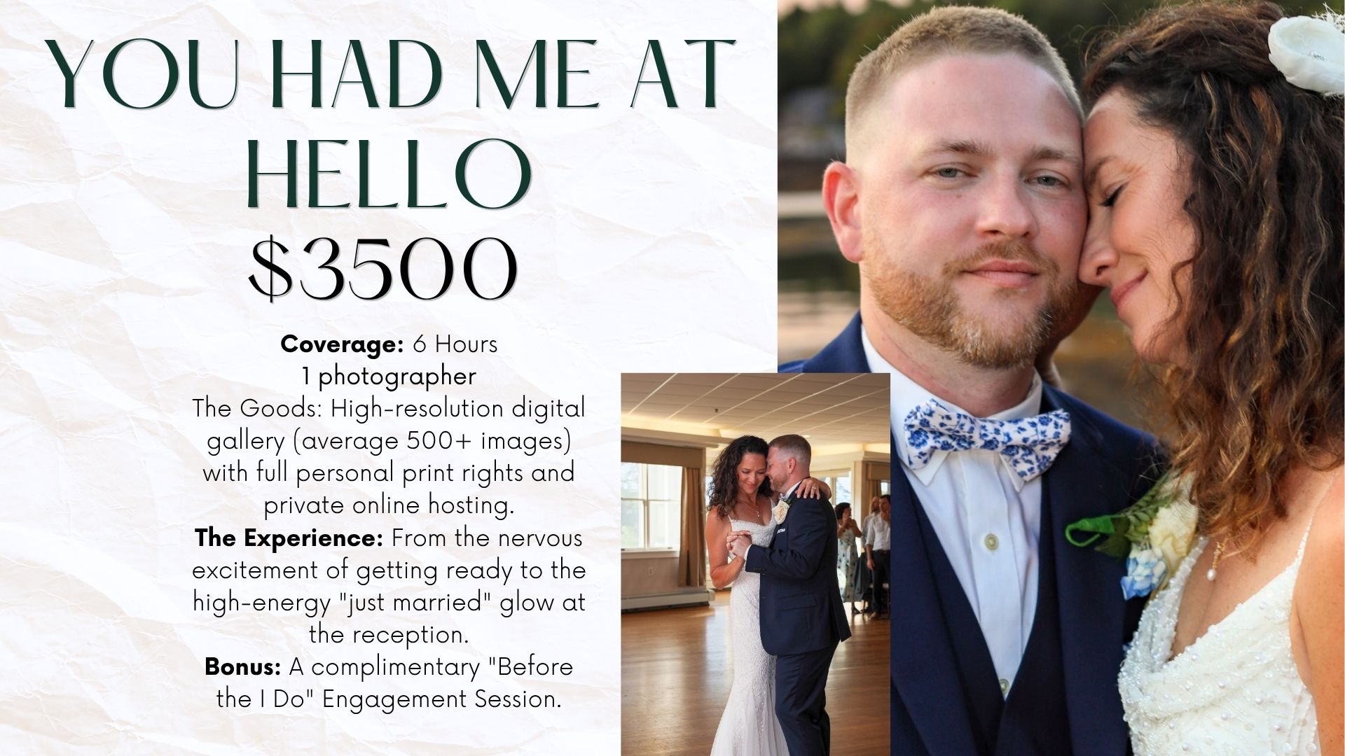 Wedding photography package priced at $3500 featuring a couple in formal attire with floral boutonniere.