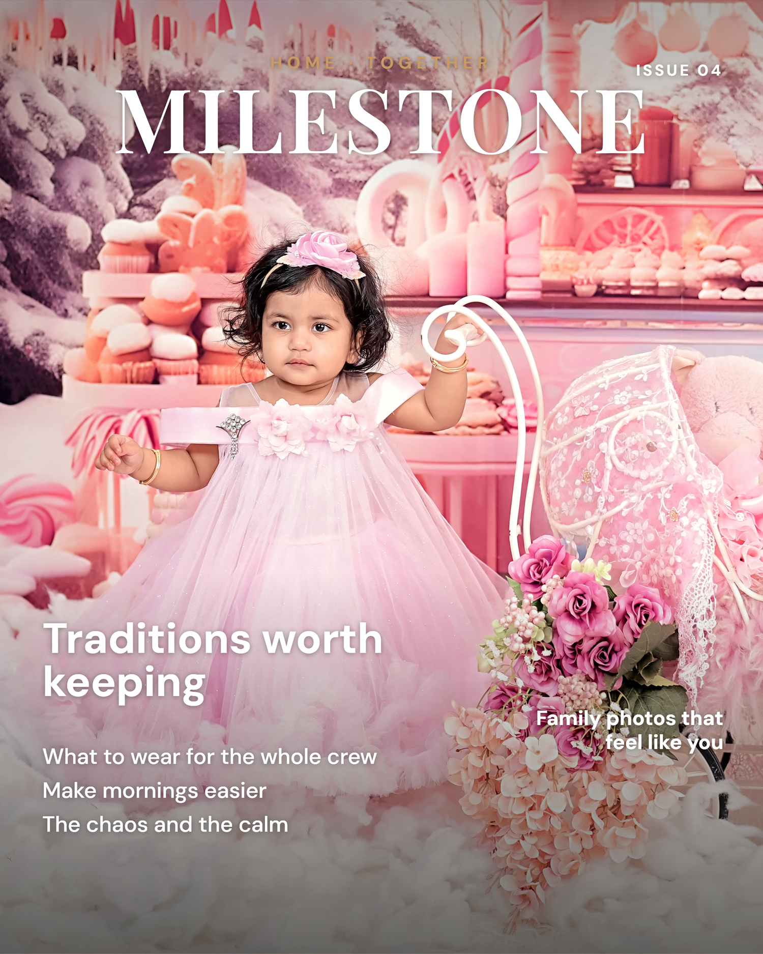 Milestone magazine cover Issue 04 featuring a toddler girl in a pink tutu dress in a whimsical pink candy-themed setting.